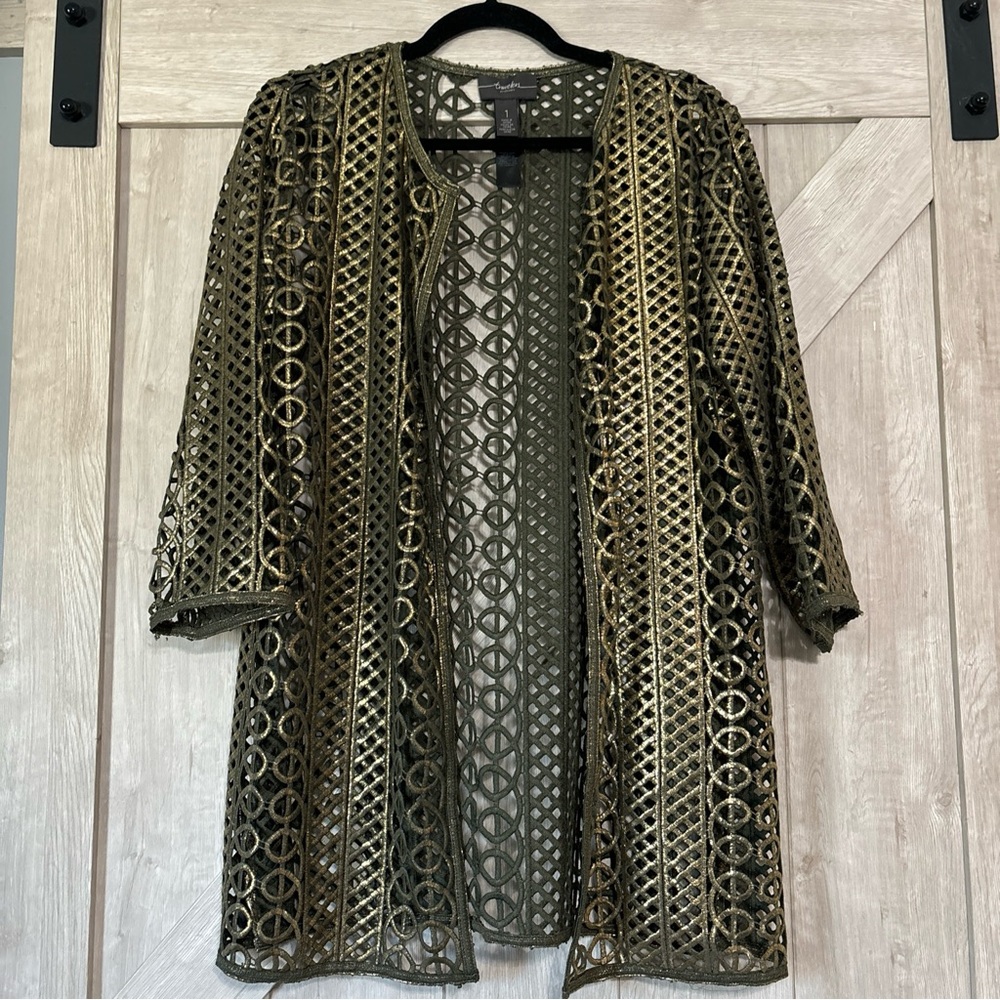 Chico’s Travelers Collection Foil Lace Jacket Tuscan Olive Gold Women’s SZ 1 - Picture 1 of 4
